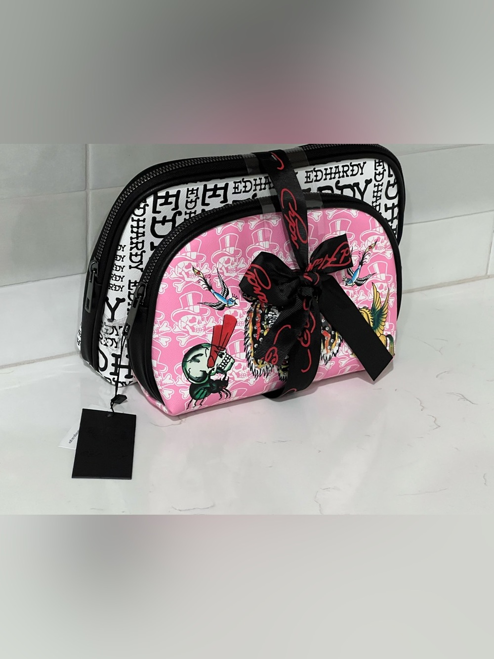 ED HARDY Cosmetic Bag Set 2pc Travel Bathroom Makeup Y2K Pink White Tiger Skull